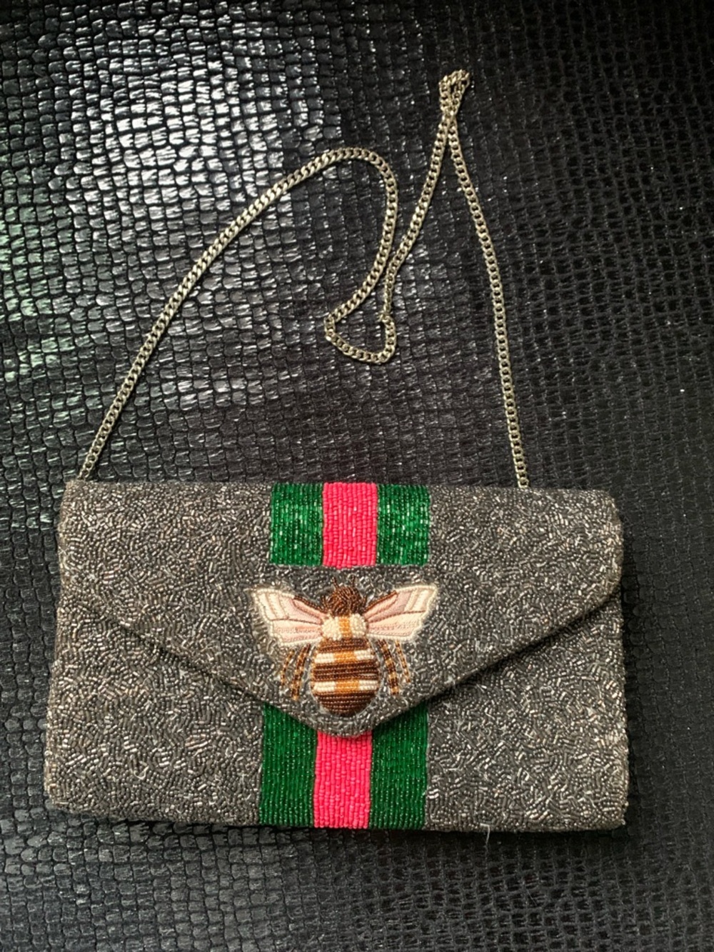 Beaded Gray Envelope Crossbody with Green and Pink Stripe and Bee Accent